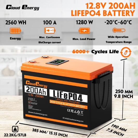 Cloudenergy 12.8V 200Ah LiFePO4 Li-Ion Battery, 2560Wh, 100A Bluetooth BMS with Touch Screen, Cycle Number 6000+, Suitable for Motorhomes, Boats and Camping.