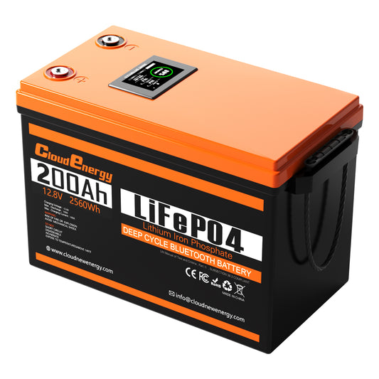 Cloudenergy 12.8V 200Ah LiFePO4 Li-Ion Battery, 2560Wh, 100A Bluetooth BMS with Touch Screen, Cycle Number 6000+, Suitable for Motorhomes, Boats and Camping.