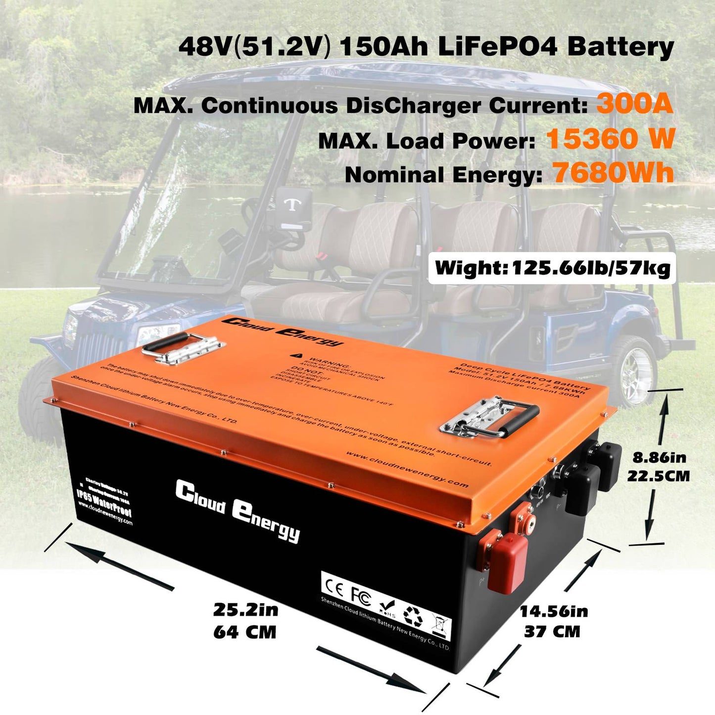 CloudEnergy 48V 150Ah Golf Carts LiFePO4 Battery, With 20A charger