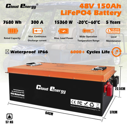 CloudEnergy 48V 150Ah Golf Carts LiFePO4 Battery, With 20A charger
