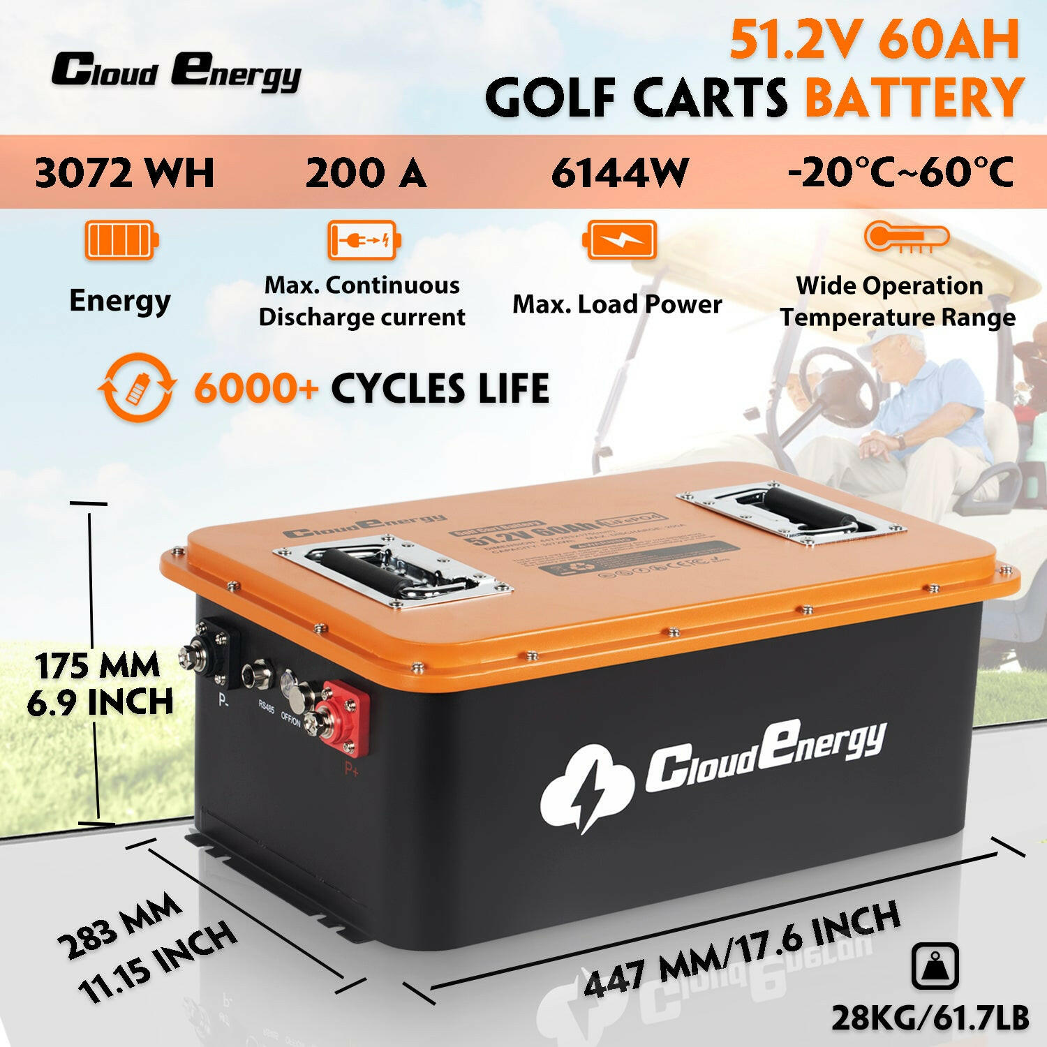 48V(51.2V) 60Ah LiFePO4 Lithium Golf Cart Battery with  20A Charger - CloudEnergy