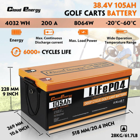 36V(38.4V) 105Ah LiFePO4 Golf Cart Battery With 20A Charger - CloudEnergy