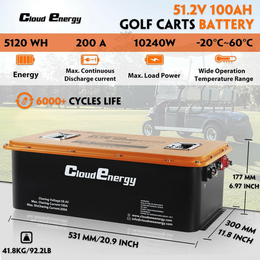 48V(51.2V) 100Ah LiFePO4 Lithium Golf Cart Battery With 20A Charger - CloudEnergy