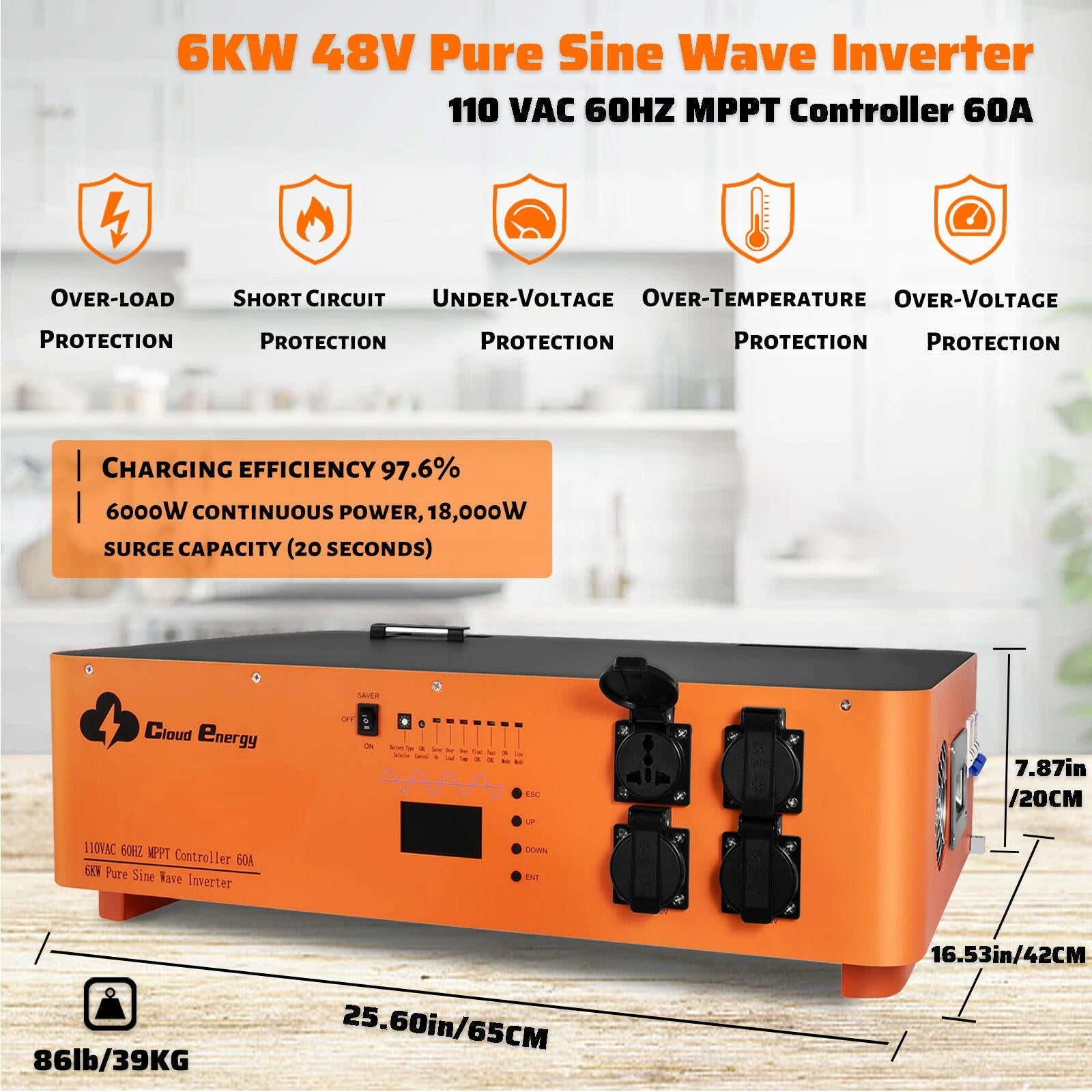 CloudEnergy 48V 300Ah 15.36Kwh Stackable LiFePO4 Battery with 6kw Inverter 60A MTTP(15.36Kwh Battery+Inverter) - CloudEnergy
