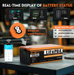 CloudEnergy 36V 105Ah battery features: Bluetooth app monitoring and 2.8-inch LCD screen displaying voltage, temperature, and charge status