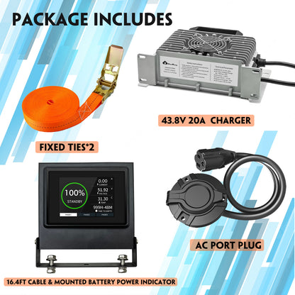 CloudEnergy 36V 105Ah battery accessories: 20A fast charger, LCD screen, mounting strap, and extension cable for seamless setup