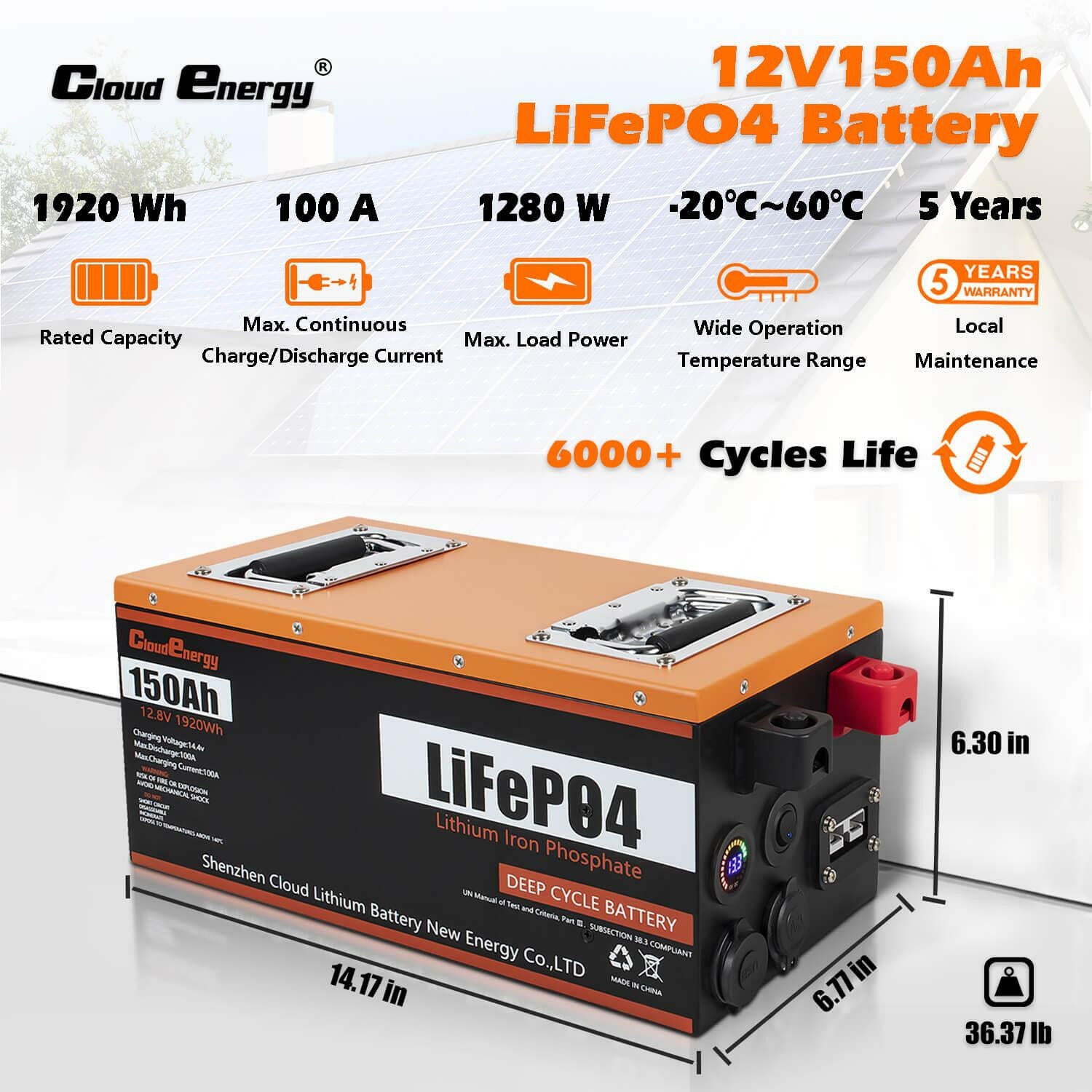 CloudEnergy 12V 150Ah LiFePO4 Battery Specifications - 100A BMS, 10+ Year Cycle Life