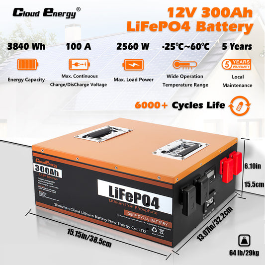 CloudEnergy 12V 300Ah LiFePO4 Battery Specs - 100A BMS, 6000+ Cycles, High Efficiency