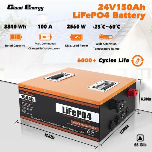 CloudEnergy 24V 150Ah LiFePO4 Lithium Battery, Build-In 100A BMS, 3840Wh Energy - CloudEnergy