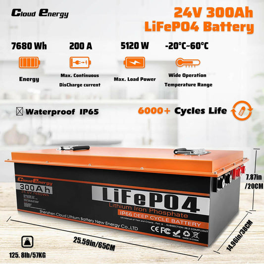 CloudEnergy 24V 300Ah LiFePO4 Lithium Battery, Build-In 200A BMS, 7680Wh Energy - CloudEnergy