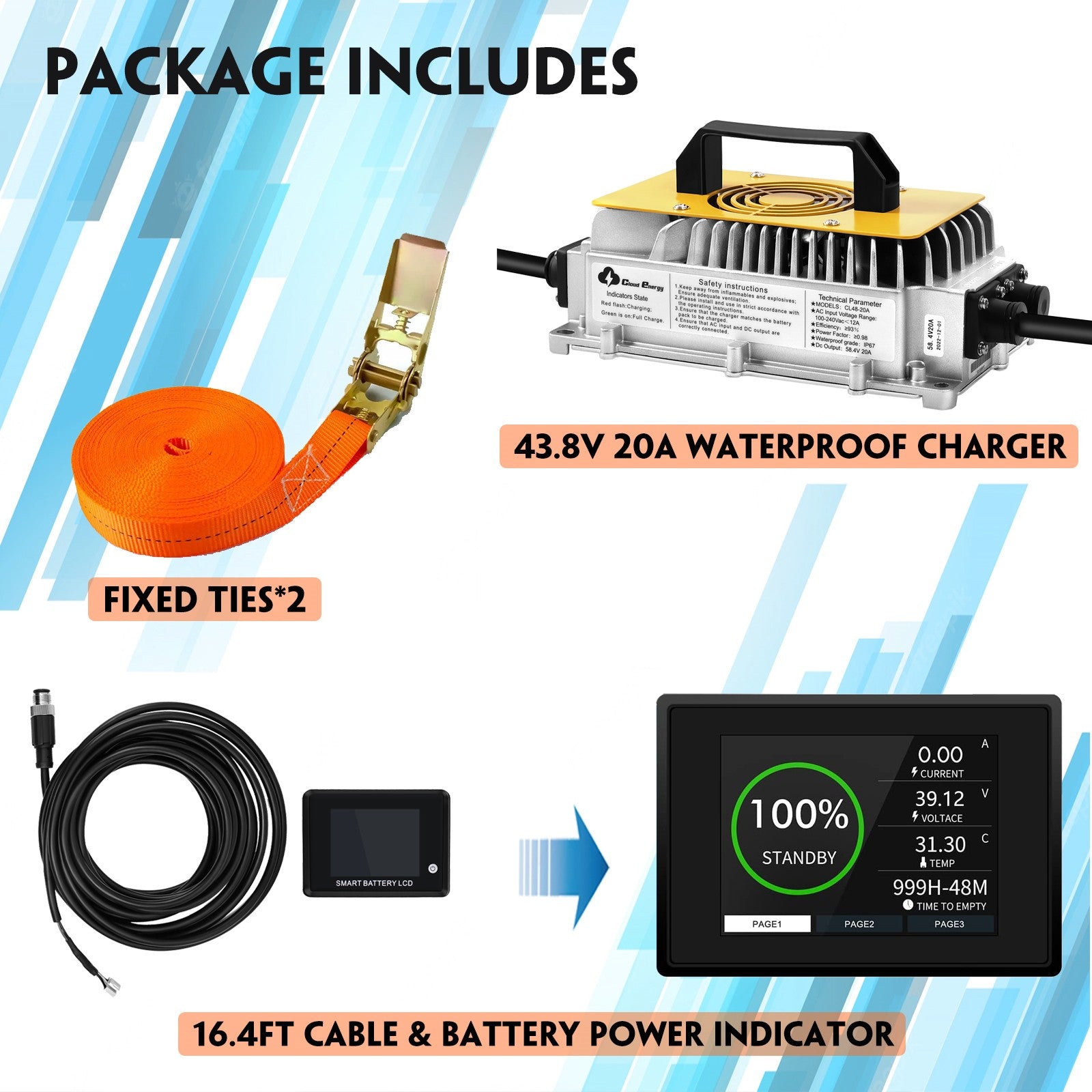 CloudEnergy 36V 105Ah battery accessories: 20A fast charger, LCD screen, mounting strap, and extension cable for seamless setup