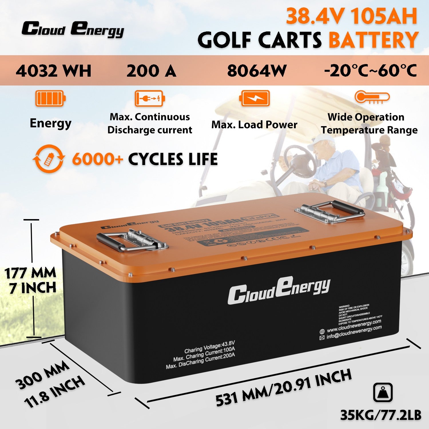 Technical specifications of CloudEnergy 36V 105Ah Golf Cart Battery: 6000+ cycles, 20A fast charging, 105Ah capacity, and lightweight iron-shell design