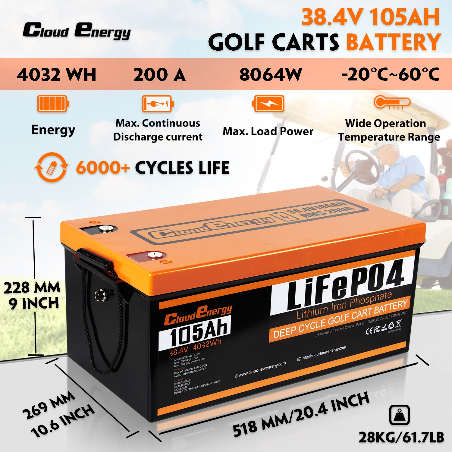 CloudEnergy 36V 105Ah LiFePO4 Battery Specifications - 6000+ Cycles, 200A BMS, 38.4V Output