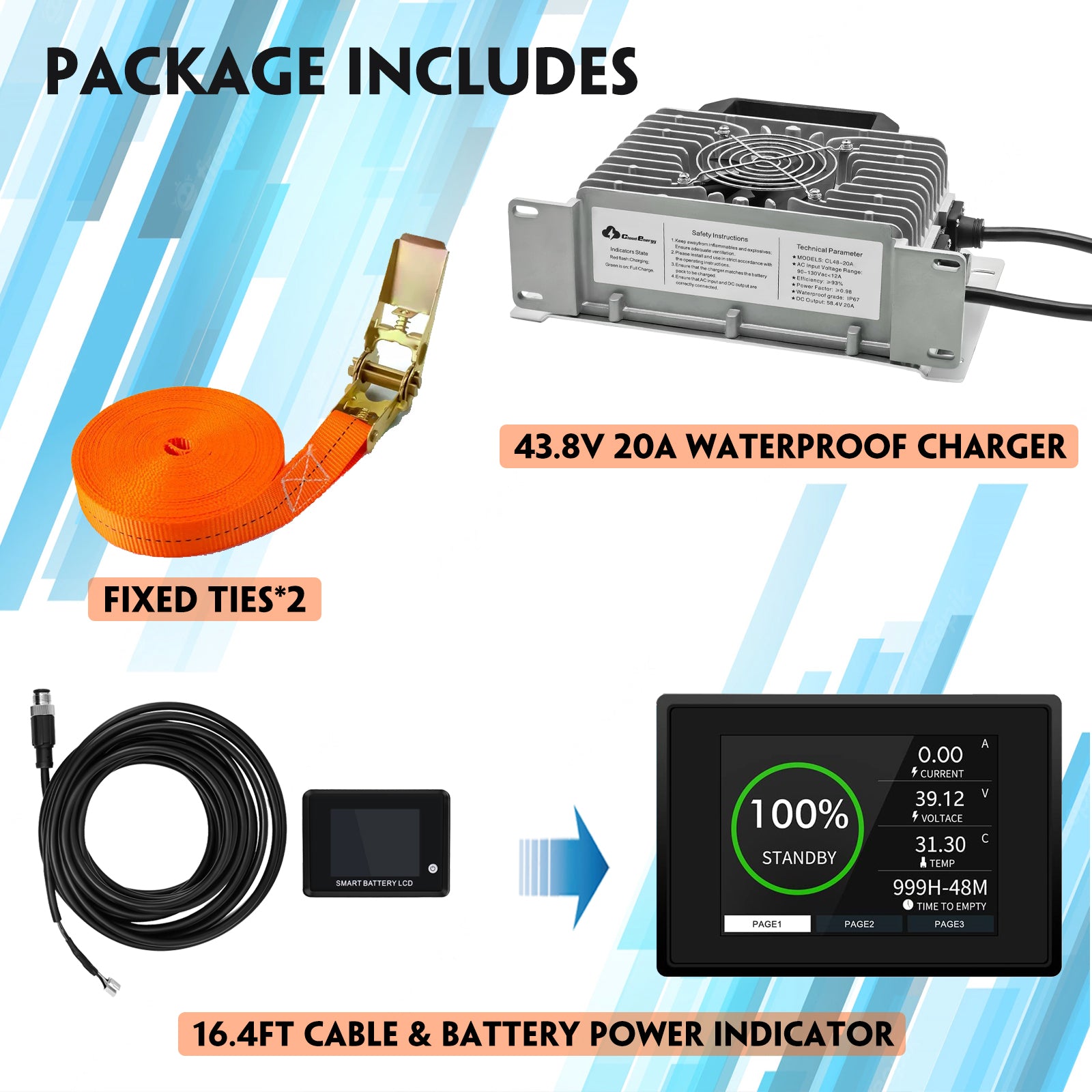 CloudEnergy 36V 60Ah battery accessories: 20A fast charger, LCD screen, mounting strap, and extension cable for seamless setup