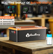 CloudEnergy 36V 60Ah battery features: Bluetooth app monitoring and 2.8-inch LCD screen displaying voltage, temperature, and charge status