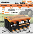 Technical specifications of CloudEnergy 48V 100Ah Golf Cart Battery: 6000+ cycles, 20A fast charging, 100Ah capacity, and lightweight ABS shell design