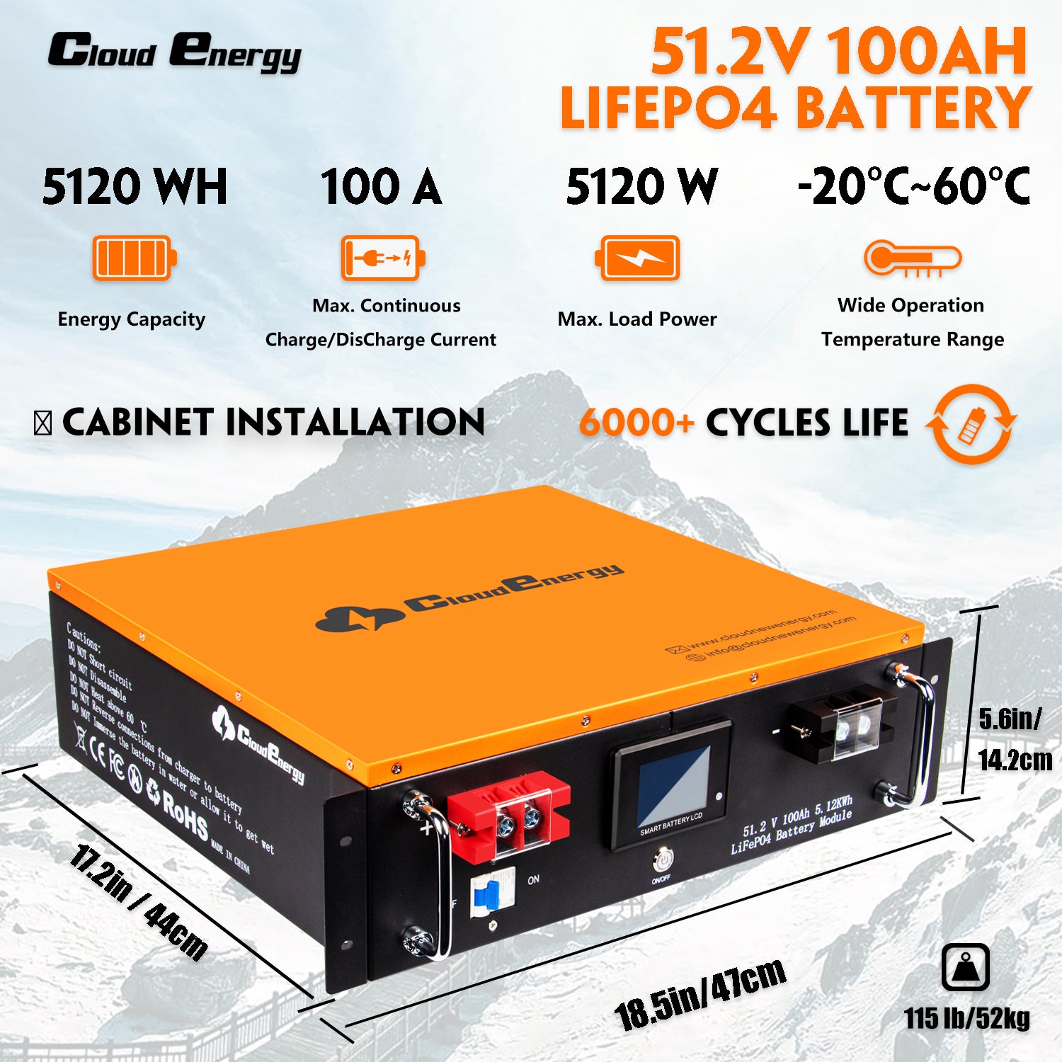 CloudEnergy 48V 100Ah LiFePO4 Battery Specifications - 6000+ Cycles, 48V Output, Advanced BMS