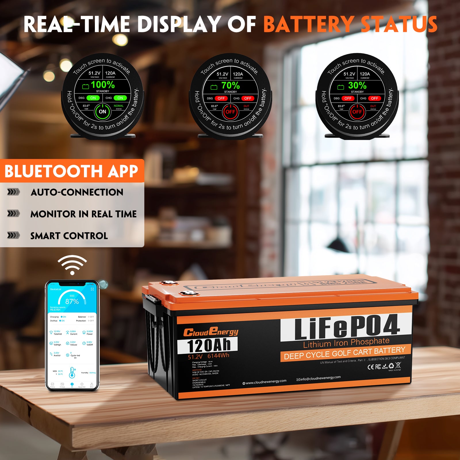 Cloudenergy 48V (51.2V) 120Ah LiFePO4  ABS shell Golf Cart Battery