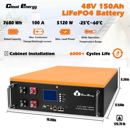 CloudEnergy 48V 150Ah LiFePO4 lithium battery, built-in 100A BMS, maximum load power 7680W. cabinet mounting - CloudEnergy