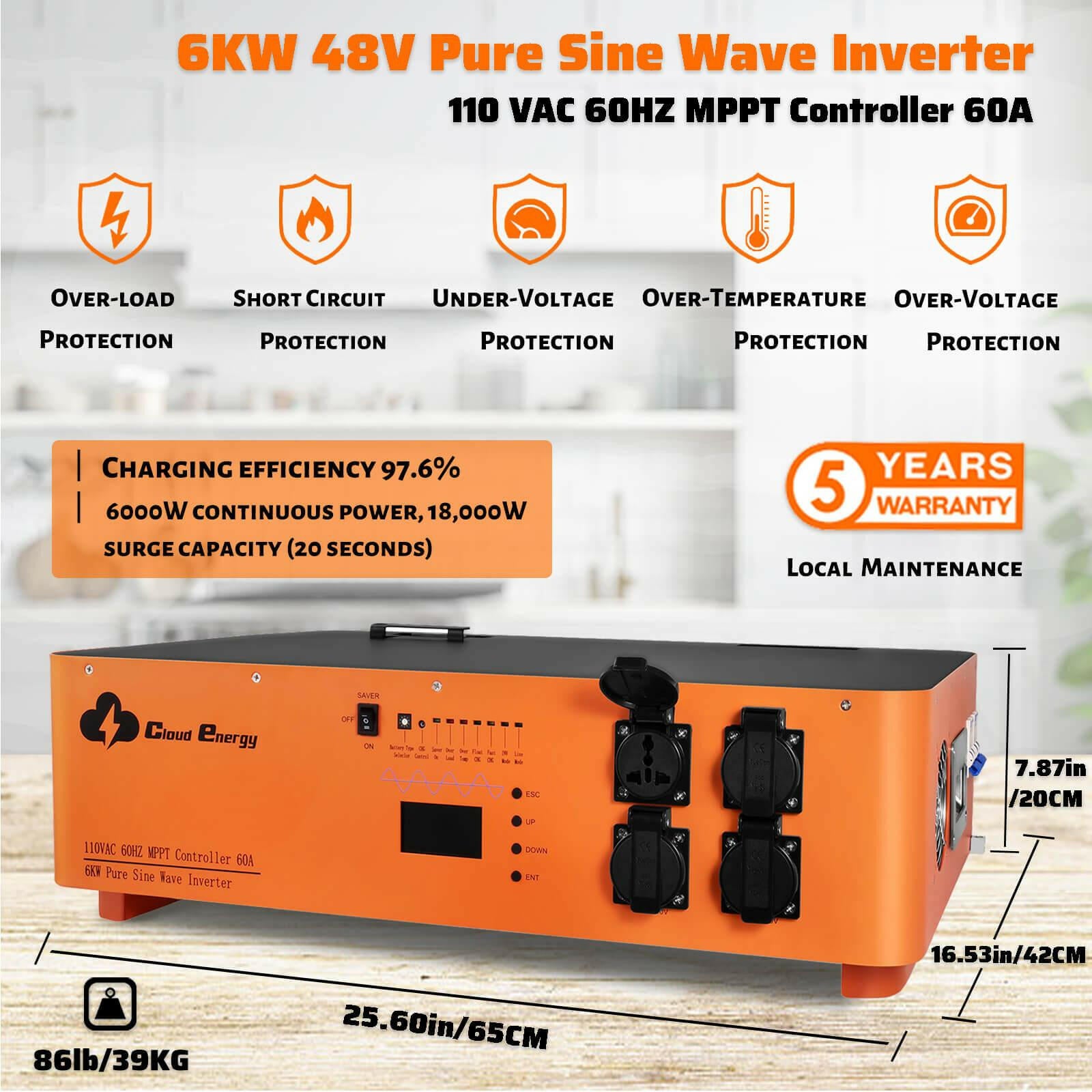 CloudEnergy 48V 150Ah 7.68Kwh Stackable LiFePO4 Battery with 6kw Inverter 60A MTTP(7.68Kwh Battery+Inverter) - CloudEnergy