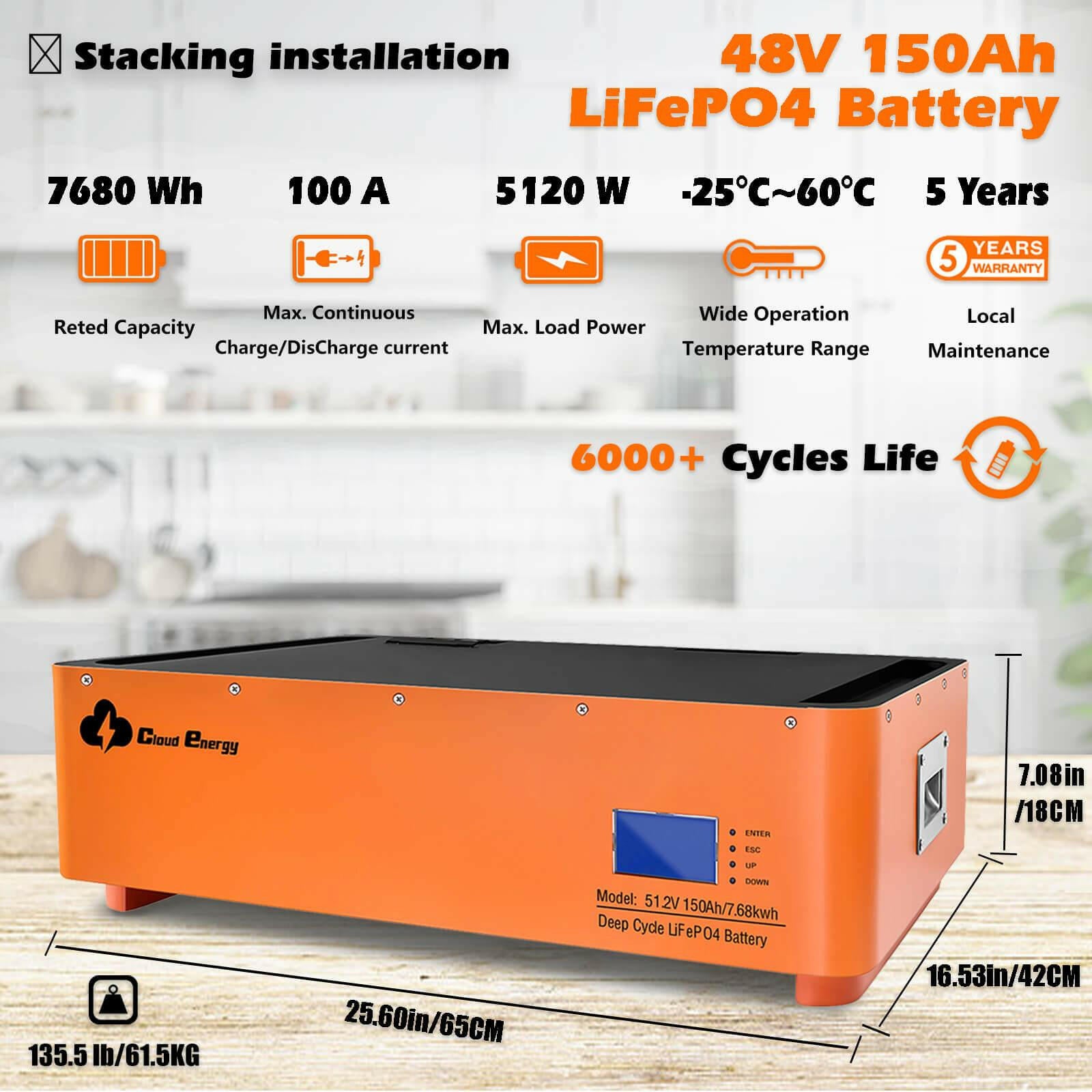 CloudEnergy 48V 150Ah stack mounted Li-ion battery with 100A BMS, 7680W max load power. - CloudEnergy