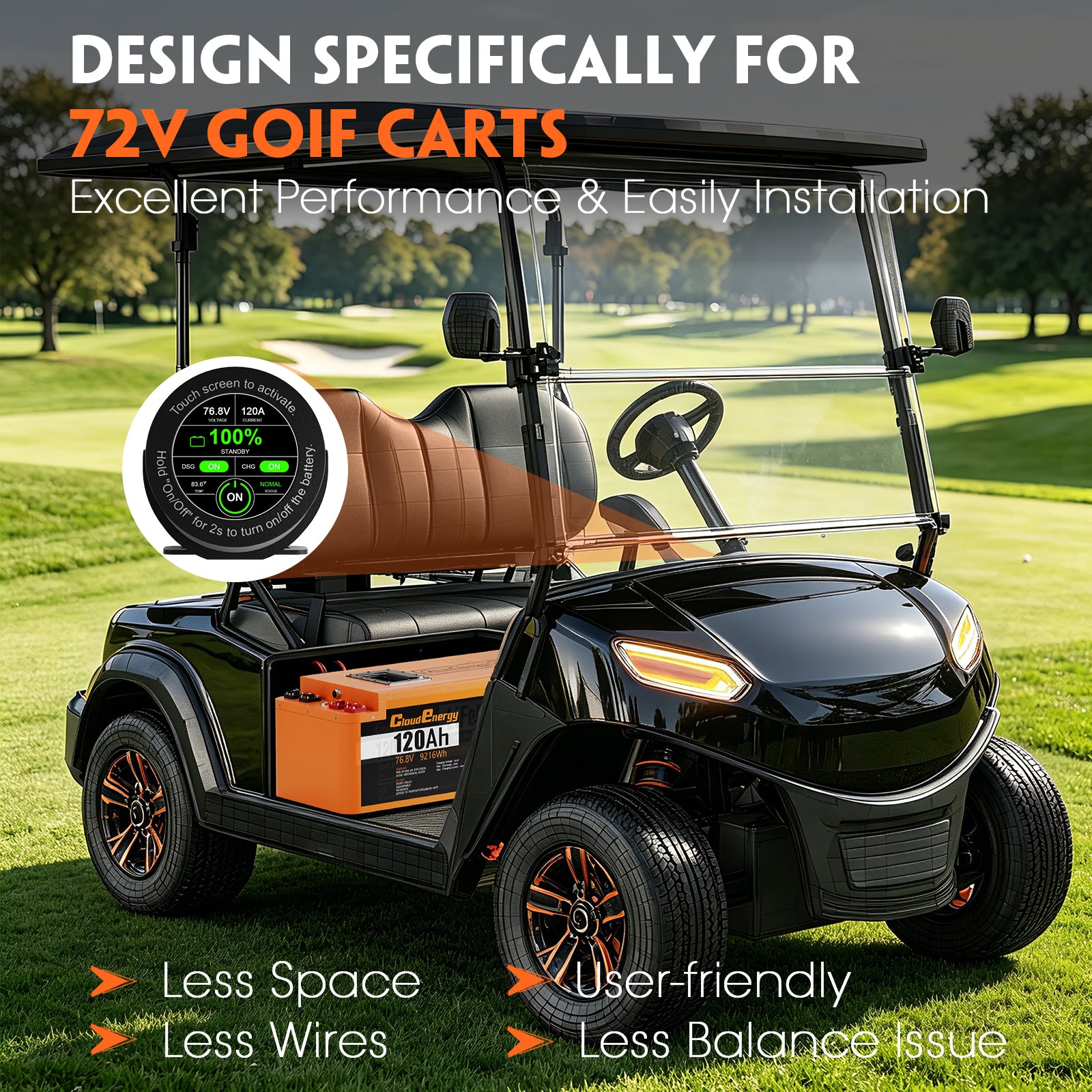 Cloudenergy 72V (76.8V) 120Ah LiFePO4 Golf Cart Battery — Circular Display MOD