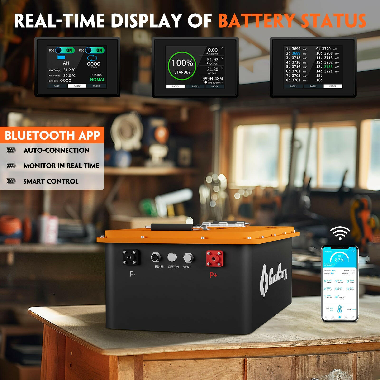 CloudEnergy Battery Mobile App & Touch Monitor Interface - Real-Time Bluetooth Monitoring