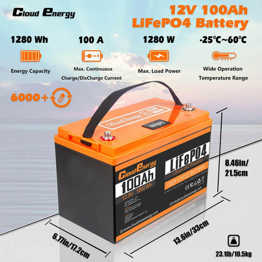 CloudEnergy 12.8V 100Ah LiFePO4 Li-ion Battery, 1280Wh with 100A BMS. over 6000 cycles, supports series/parallel connection. - CloudEnergy