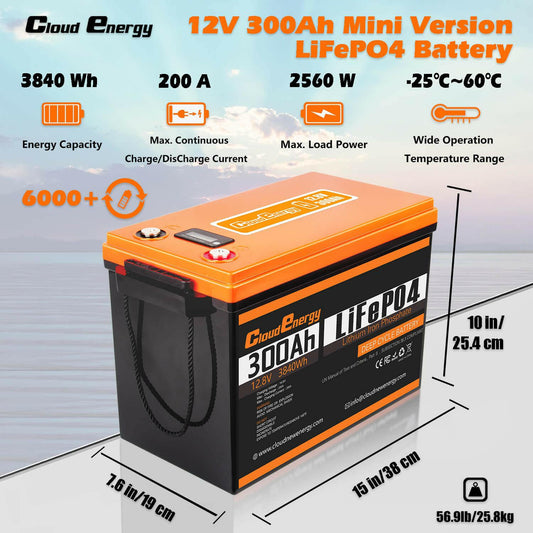 CloudEnergy 12.8V 300Ah LiFePO4 Li-ion Battery, 3840Wh with 200A BMS. over 6000 cycles, supports series/parallel connection. - CloudEnergy